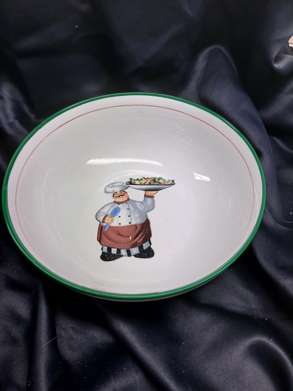 Chef Illustration Ceramic Serving Bowl - White with Green Rim